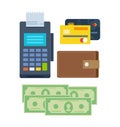 Banking, payment terminal, finance, monetary currencies, gold coins, bank card. Royalty Free Stock Photo