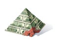 Banking pyramids. A crisis. A pyramid of red brick with a native destroyed corner. Facing a pyramid of notes of 1, 10, 50 and 100 Royalty Free Stock Photo