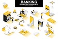 Banking services bundle of isometric elements. Digital wallet, bank building, credit card, mobile app, atm terminal, payment Royalty Free Stock Photo