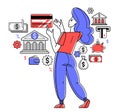 Banking vector outline illustration, manager girl working with finances or customer manages her account with deposit or credit, Royalty Free Stock Photo