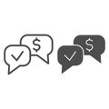 Banknote check dialogue line and solid icon. Accepted mark and dollar buble symbol, outline style pictogram on white
