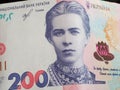 Banknote of 200 hryvnia, close-up. Portrait of poetess Lesya Ukrainka