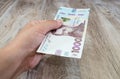 Banknote of 1000 hryvnia in hand. Close-up. Ukrainian hryvnia. Concept of giving or taking money.