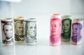 Banknote roll, dollar roll and yuan roll. economy chess competition concept.money roll for playing chess. Royalty Free Stock Photo