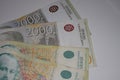 Banknote of 2000 Serbian dinars RSD and pile of various bills Royalty Free Stock Photo
