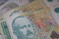 Banknote of 2000 Serbian dinars RSD and pile of various bills Royalty Free Stock Photo