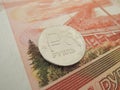 The banknote of 5 thousand metal coins 1 ruble Royalty Free Stock Photo