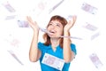 Banknotes of 500 euro are falling on girl Royalty Free Stock Photo