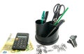 Banknotes, calculator and other office stationery Royalty Free Stock Photo