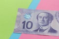 Banknotes of Canadian currency: Dollar. Bills on colorful bright