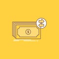 Banknotes, cash, dollars, flow, money Flat Line Filled Icon. Beautiful Logo button over yellow background for UI and UX, website Royalty Free Stock Photo