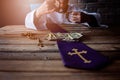 Banknotes and catholic church symbols Royalty Free Stock Photo