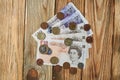 Banknotes and coins from the United Kingdom. Royalty Free Stock Photo