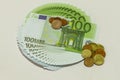 Banknotes of 100 euros,listed in the correct circle and cents Royalty Free Stock Photo