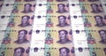 Banknotes of five renminbi chinese rolling on screen, cash money, loop