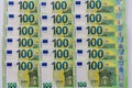 Banknotes of 100 hundred euros lie exactly in three rows. European currency, close-up. Blank for design, Royalty Free Stock Photo