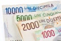 Banknotes from Italy. Italian lira 10000, 5000, 2000, 1000. Royalty Free Stock Photo