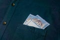 Banknotes of Malaysia. Close up of malaysian ringgit in shirt pocket