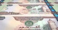 Banknotes of one thousand dirhams arabs rolling on screen, cash money, loop