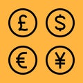 Banknotes pound sterling euro dollar yen. Set vector icons Royalty Free Stock Photo