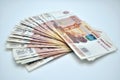 Banknotes 5000 rubles of Bank of Russia on white background Russian rubles