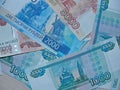 Banknotes of the Russian Federation with a nominal value of 1 000, 2 000 and  5 000 rubles. Royalty Free Stock Photo