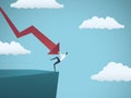 Bankrupt businessman falling off a cliff, pushed by downward arrow. Symbol of bankruptcy, failure, recession, crisis and