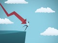 Bankrupt businesswoman falling off a cliff, pushed by downward arrow. Symbol of bankruptcy, failure, recession, crisis