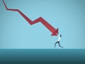 Bankrupt businesswoman pushed by downward arrow vector concept. Symbol of bankruptcy, failure, recession, crisis and