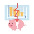 Bankruptcy broken piggy bank money bag coins down arrow business financial crisis