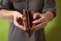 Bankruptcy - Business Person holding an empty wallet. Leather wallet.