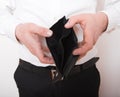 Bankruptcy - Business Person holding an empty wallet. Man showing  the inconsistency and lack of money and not able to pay the Royalty Free Stock Photo