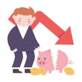 Bankruptcy businessman down arrow piggy bank damaged coins business financial negative