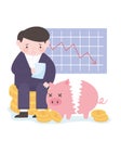Bankruptcy businessman graph stock falls craft piggy bank coins business financial crisis