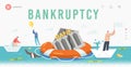 Bankruptcy Landing Page Template Businesspeople Characters Swim around Sinking Bank Building on Lifebuoy, People Survive