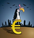 Bankruptcy vulture sitting on an Euro currency sign