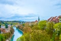 Banks of Aare river with lush parks and walking promenades in Bern, Switzerland