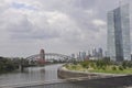 Banks of Main river and Financial District Buildings of Frankfurt am Main City of Germany. Royalty Free Stock Photo