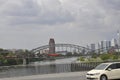 Banks of Main river and Financial District Buildings of Frankfurt am Main City of Germany. Royalty Free Stock Photo