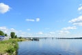 On the banks of the river green grass. River berth. Bridge. Nature. Sunny weather. The sky, clouds scatter light. Kostroma
