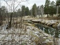 The banks of a small forest river in the early winter in the Middle Urals Royalty Free Stock Photo