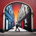 A banksy art with street and building, optical illusions, silhouette of a man cross by