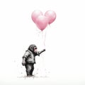 Banksy-inspired Chimp Clinging To Pink Balloons: A Monochromatic Harmony