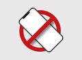 Banned mobile phone. Smartphone in circle crossed out with red line ban use electronic gadgets. Royalty Free Stock Photo