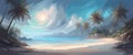 Banner abstract view on beach. Palm trees side. Summer holiday concept, sky with clouds. Vector