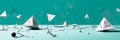 Banner abstract white pyramids with symbols on turquoise background, math in symbols with space for text