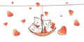 Banner adorable cats inside red umbrella with hearts background