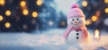 Banner Adorable Snowman Wearing Pink Hat And Scarf In Winter Snow Falling. Candle inside
