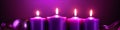 banner of Advent - Four Purple Candles With Mystery Lights. Royalty Free Stock Photo
