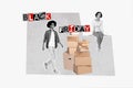 Banner advert collage of amazed two friends fashion designers shopaholic many cardboards delivery shipping isolated on